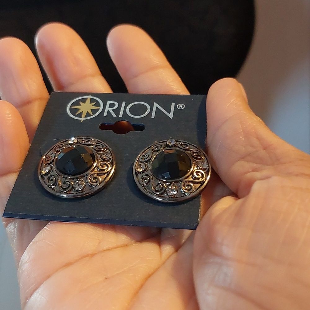 Orion Black Faceted Rhinestone Stud Earrings - Picture 2 of 3